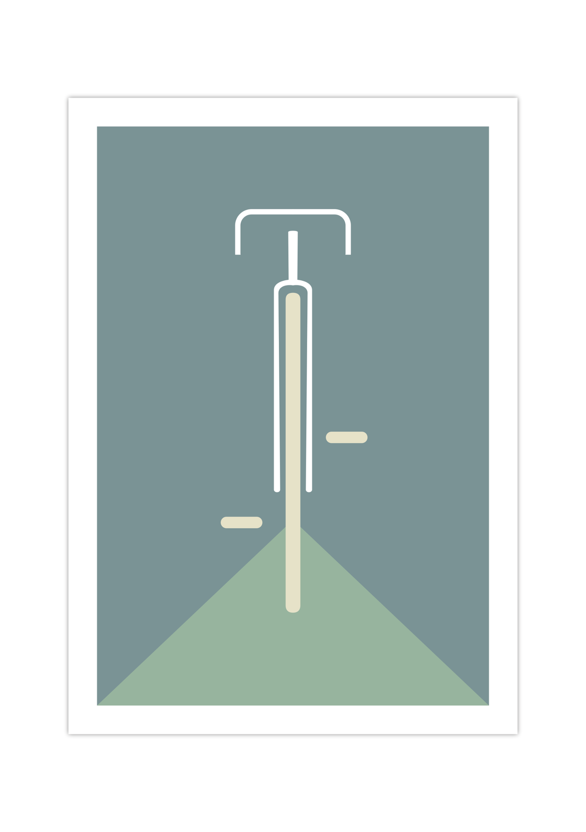 Das Poster im Bauhaus-Stil zeigt ein minimalistisch und geometrisch dargestelltes Rennrad in verschiedenen Farben. 