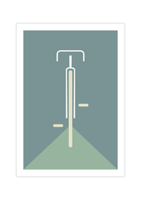 Das Poster im Bauhaus-Stil zeigt ein minimalistisch und geometrisch dargestelltes Rennrad in verschiedenen Farben. 