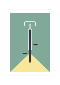 Das Poster im Bauhaus-Stil zeigt ein minimalistisch und geometrisch dargestelltes Rennrad in verschiedenen Farben. 