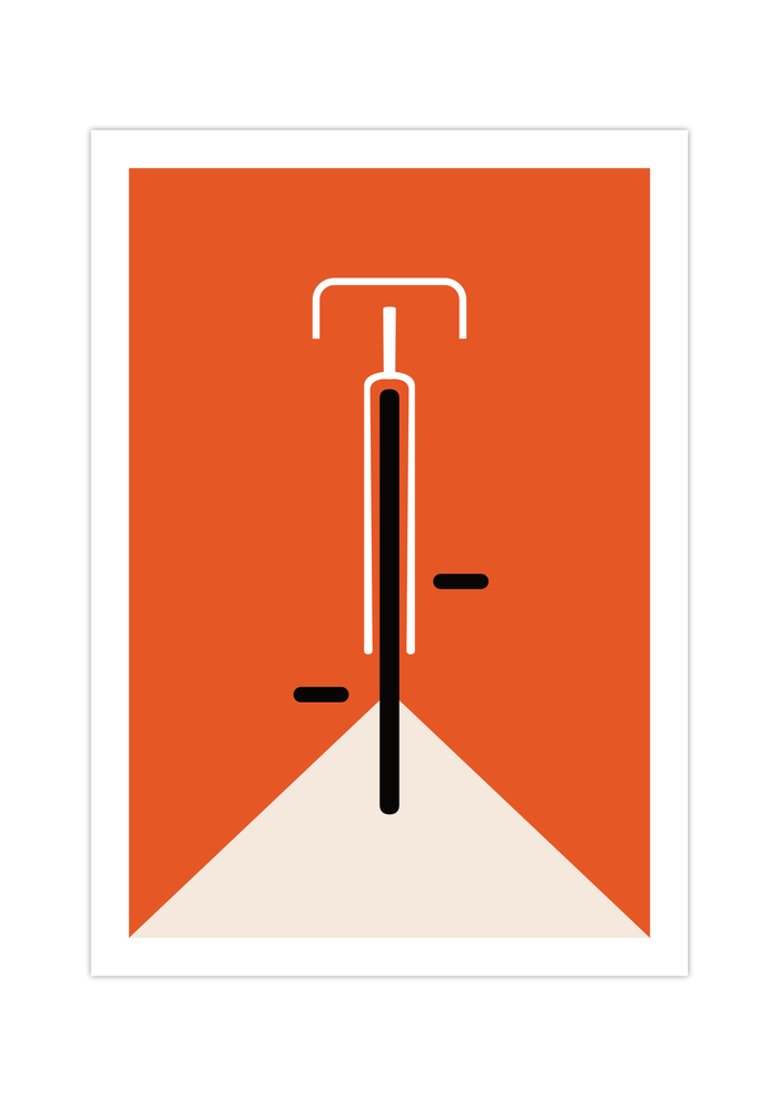 Das Poster im Bauhaus-Stil zeigt ein minimalistisch und geometrisch dargestelltes Rennrad in verschiedenen Farben. 