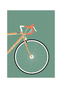 Dieses Poster im minimalistischen Stil zeigt ein oranges Rennrad auf grünem Hintergrund. 