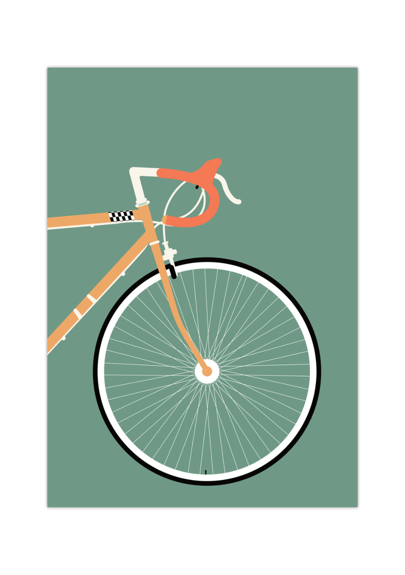 Dieses Poster im minimalistischen Stil zeigt ein oranges Rennrad auf grünem Hintergrund. 