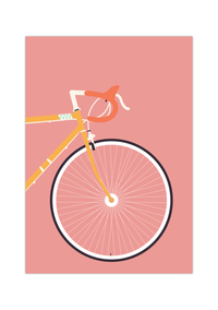 Dieses Poster im minimalistischen Stil zeigt ein oranges Rennrad auf grünem Hintergrund. 
