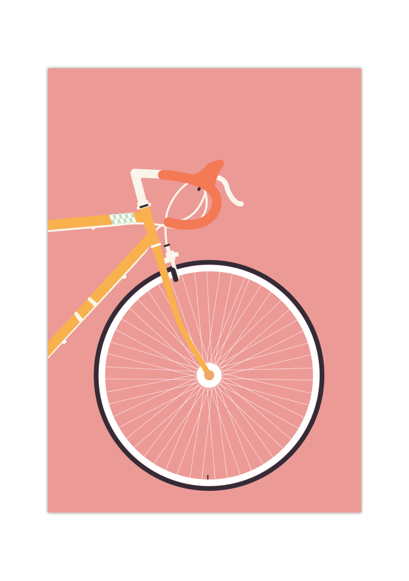 Dieses Poster im minimalistischen Stil zeigt ein oranges Rennrad auf grünem Hintergrund. 