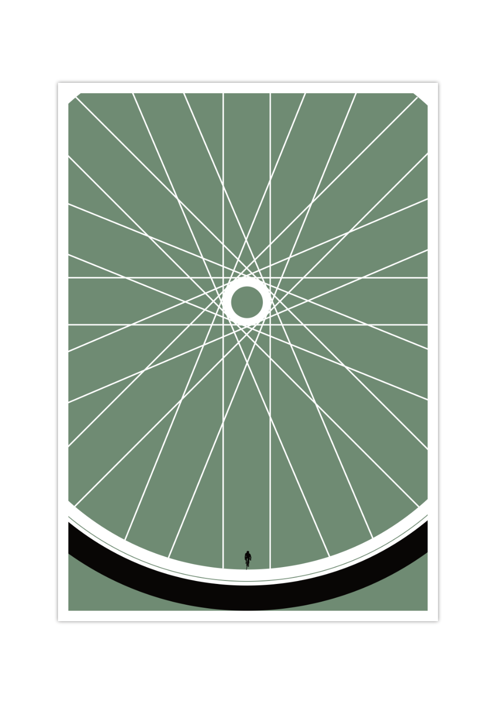 Das Poster zeigt in ein Fahrradrad mit einem Rennradfahrer an der stelle das Ventils. Das Fahrradposter ist erhältlich mit Grünem oder Gelben Hintergrund 