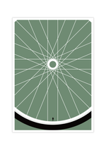 Das Poster zeigt in ein Fahrradrad mit einem Rennradfahrer an der stelle das Ventils. Das Fahrradposter ist erhältlich mit Grünem oder Gelben Hintergrund 