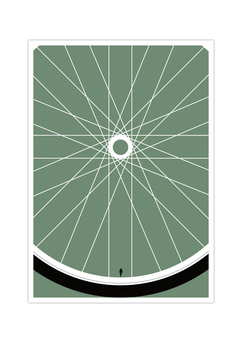 Das Poster zeigt in ein Fahrradrad mit einem Rennradfahrer an der stelle das Ventils. Das Fahrradposter ist erhältlich mit Grünem oder Gelben Hintergrund 