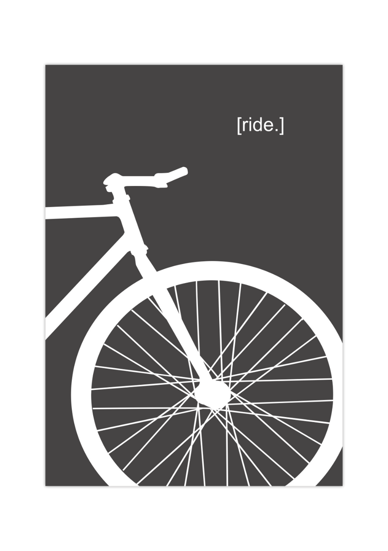 Dieses Poster zeigt die ein Rennrad in weiß auf grauem Hintergrund und dem Wort "Ride". Das perfekte Poster für alle Fahrradfahrer und ein toller Hingucker jedem Zimmer.