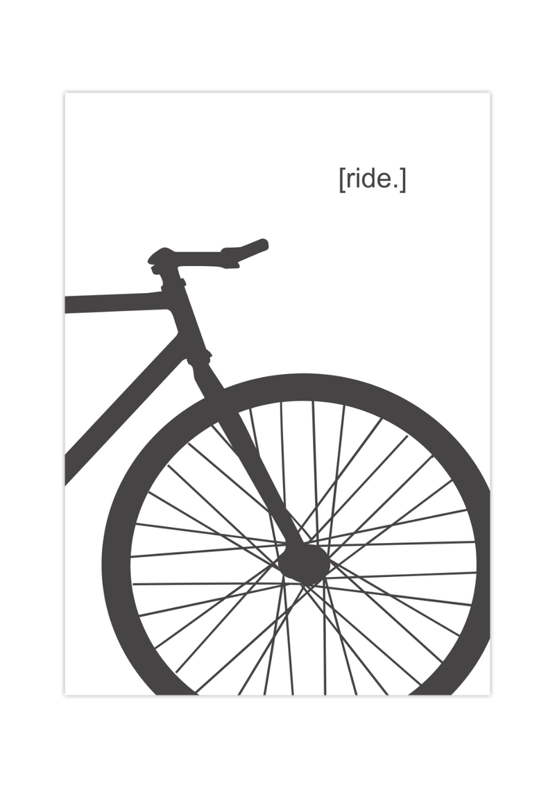 Dieses Poster zeigt die ein Rennrad in grau auf weißem Hintergrund und dem Wort "Ride". Das perfekte Poster für alle Fahrradfahrer und ein toller Hingucker jedem Zimmer.