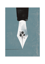 Auf diesem Poster siehst du einen Federhalter in schwarz und weiß, dabei ist die Mine als Blume dargestellt.