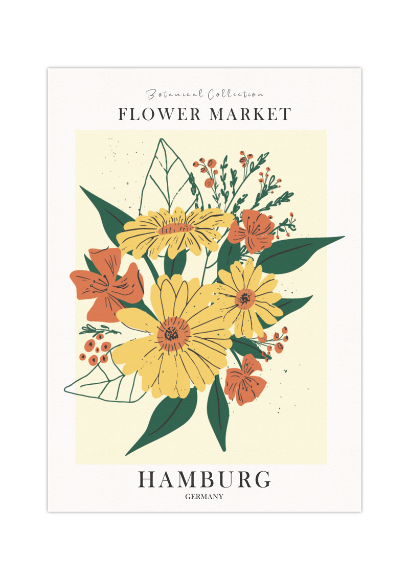 Das Küchenposter ist ein fiktives Bild des Blumenmarktes in Hamburg. In schönem beige ist es die perfekte Wanddeko für deine Küche oder Esszimmer