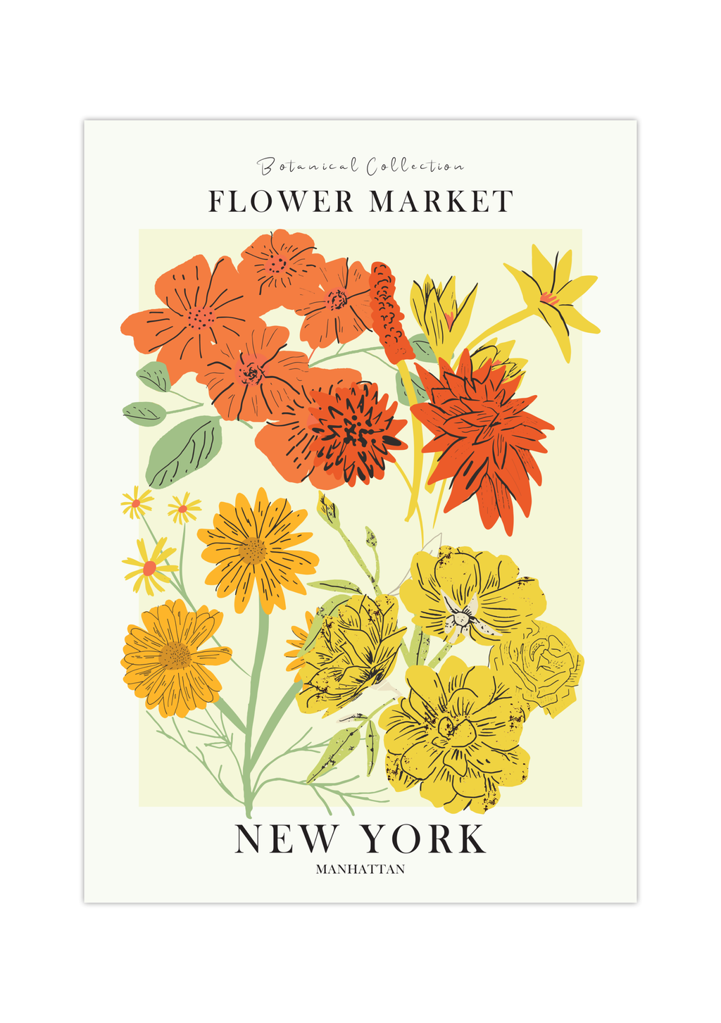 Das Poster ist ein fiktives Bild des Blumenmarktes in New York, Manhattan. In schönem gelb und rot.