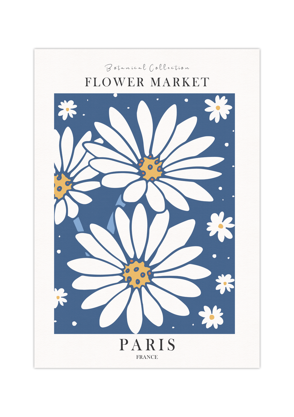 Das blaue Küchenposter ist ein fiktives Bild des Blumenmarktes in Paris.