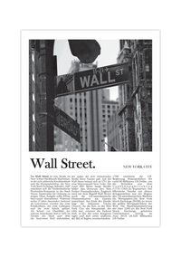 Dieses Aktienposter mit einem schwarz weiß Foto der Wall Street in New York, ist die perfekte Wanddeko für Büros von Aktionären, Wertpapierhändlern, Investoren, Vermögensberatern etc..