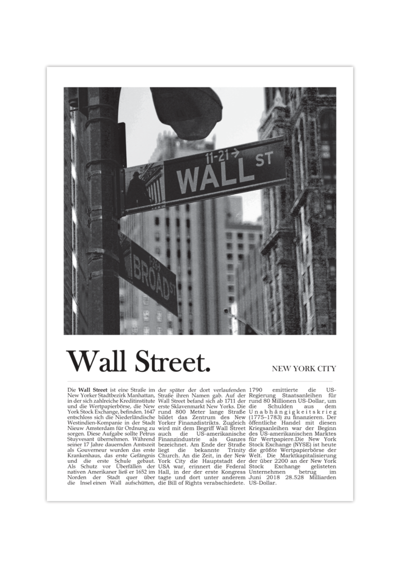 Dieses Aktienposter mit einem schwarz weiß Foto der Wall Street in New York, ist die perfekte Wanddeko für Büros von Aktionären, Wertpapierhändlern, Investoren, Vermögensberatern etc..