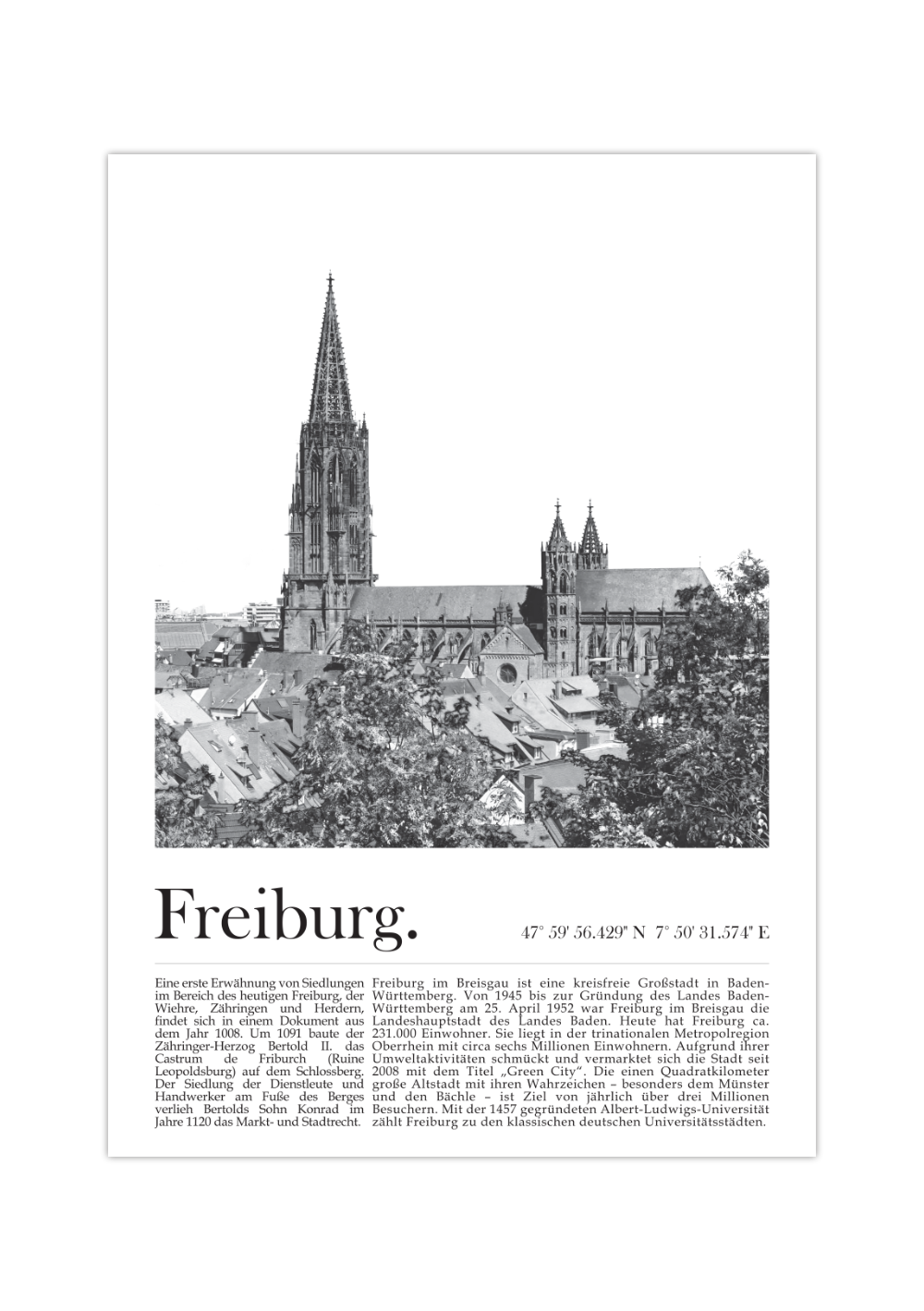 Das schwarz/weiß Poster zeigt dir eine Ansicht von Freiburg im Breisgau mit Blick in die Altstadt und auf den historischen Münster.