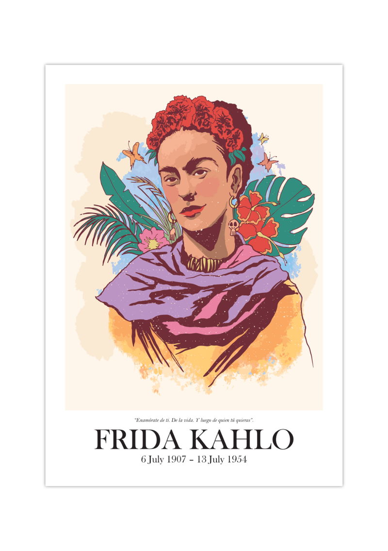 Das Poster zeigt Frida Kahlo de Rivera, welche eine mexikanische Malerin des Surrealismus gewesen ist. Sie lebte vom 6. Juli 1907 bis zum 13. Juli 1954.