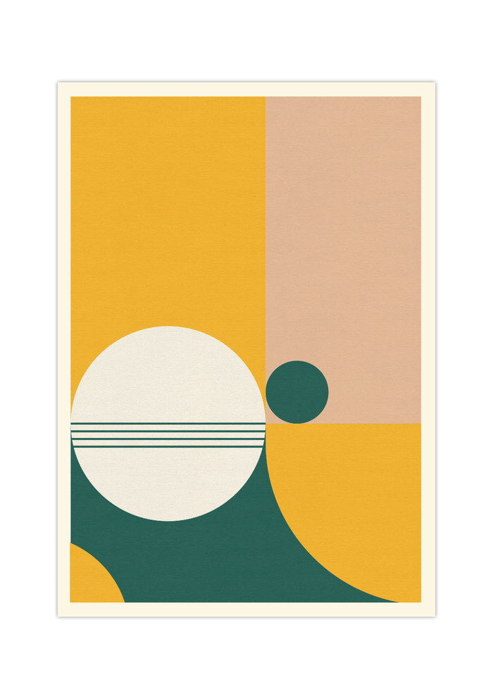 Das Poster zeigt eine abstrakte, geometrische Darstellung in Grün, Gelb und Lachsfarben mit weißem Bildrand.