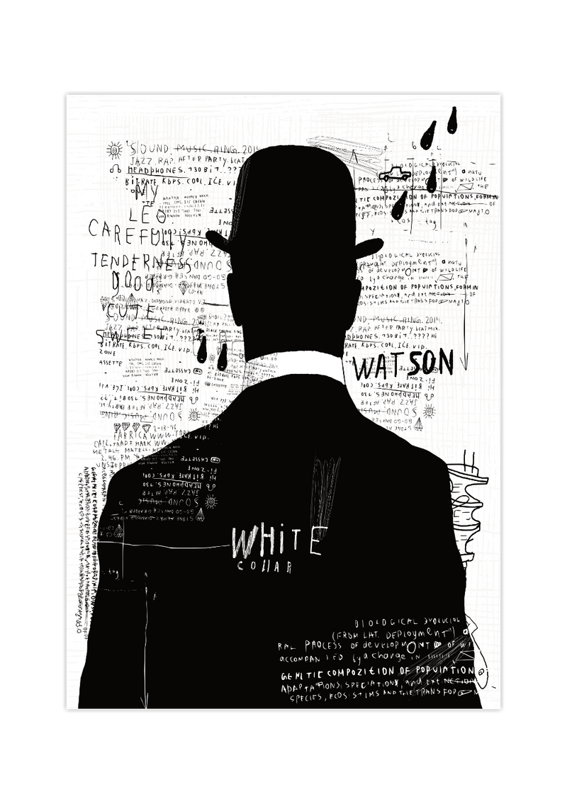 Cooles Graffiti Poster. Hol dir dieses Street Art/ Urban Art Bild in Schwarz/Weiß. Bild eines Mannes mit Hut von hinten, mit Kritzeleien, perfekt als Wanddeko für deine Wohnung.