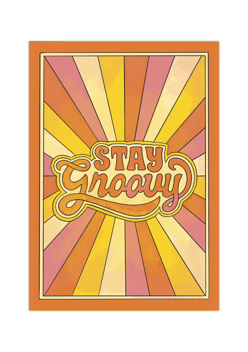Das Hippie Poster zeigt dir im Stil der 60er und 70er den Spruch "Stay Groovy". Unterstrichen wird die schöne retro Bild mit schönem gelb und orange Tönen.