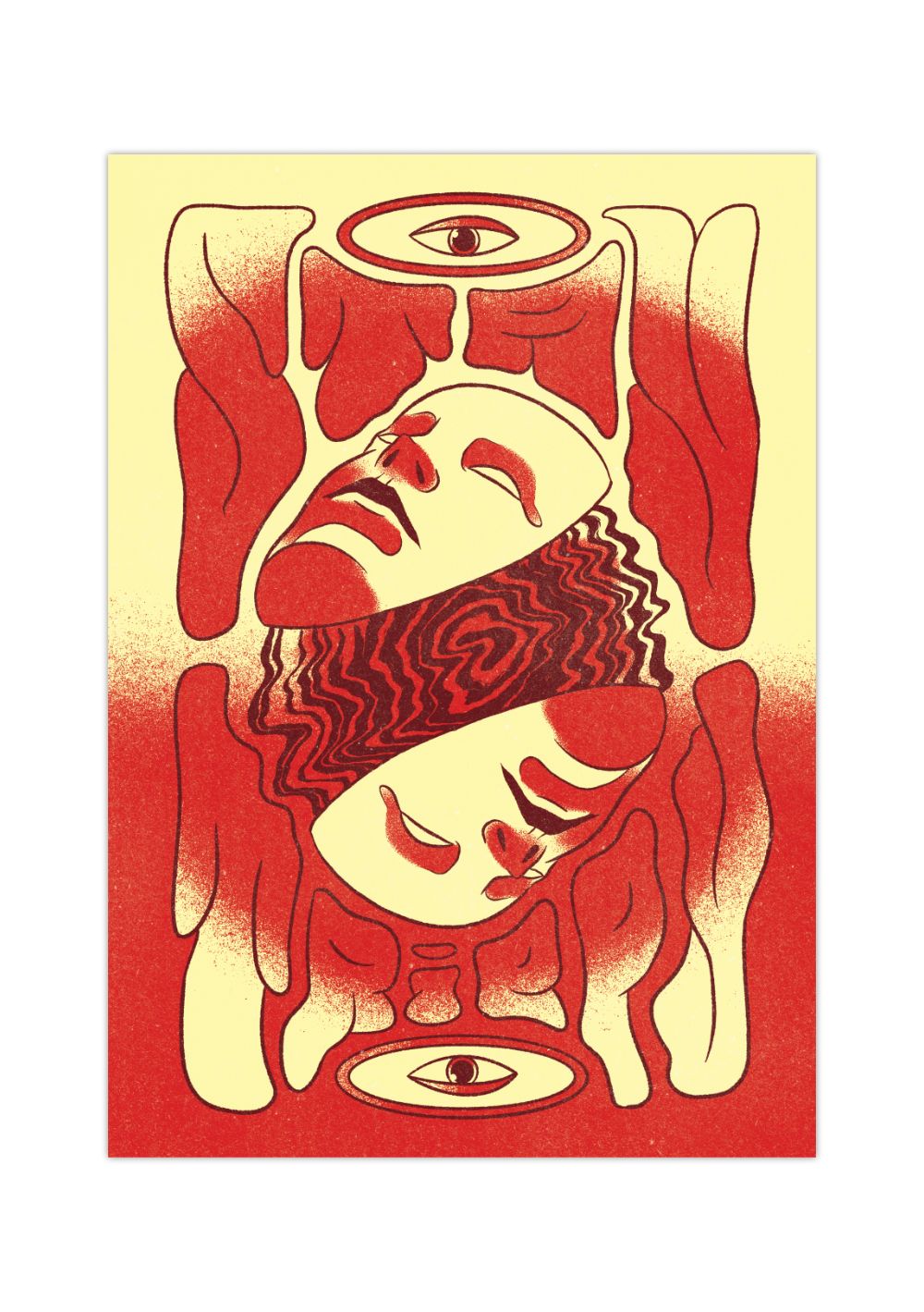 Das psychedelische Poster zeigt dir im Stil der 70er-Jahre zwei Masken und ein sehendes Auge in schönem Rot und Gelb. 
