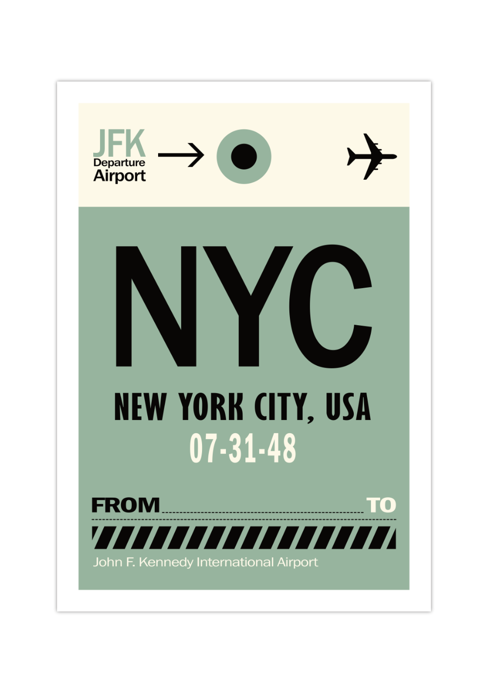 Das Poster zeigt ein Bild des John F. Kennedy Flughafen in New York City. Das Bild im vintage Stil ist in schönem Blau und Beige gehalten. 