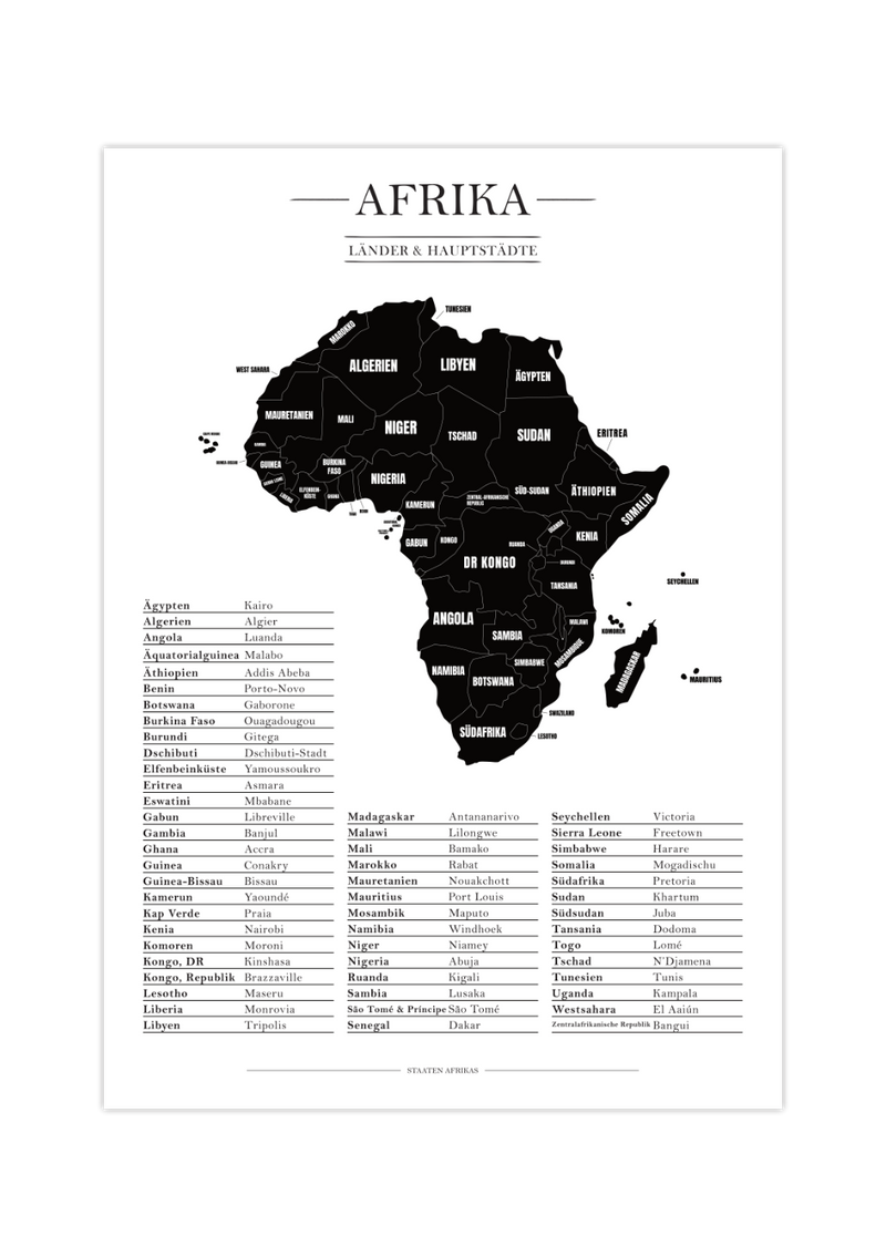 Dieses Poster zeigt dir eine Karte von Afrika inklusive Tabelle mit allen 55 Staaten und Hauptstädten.