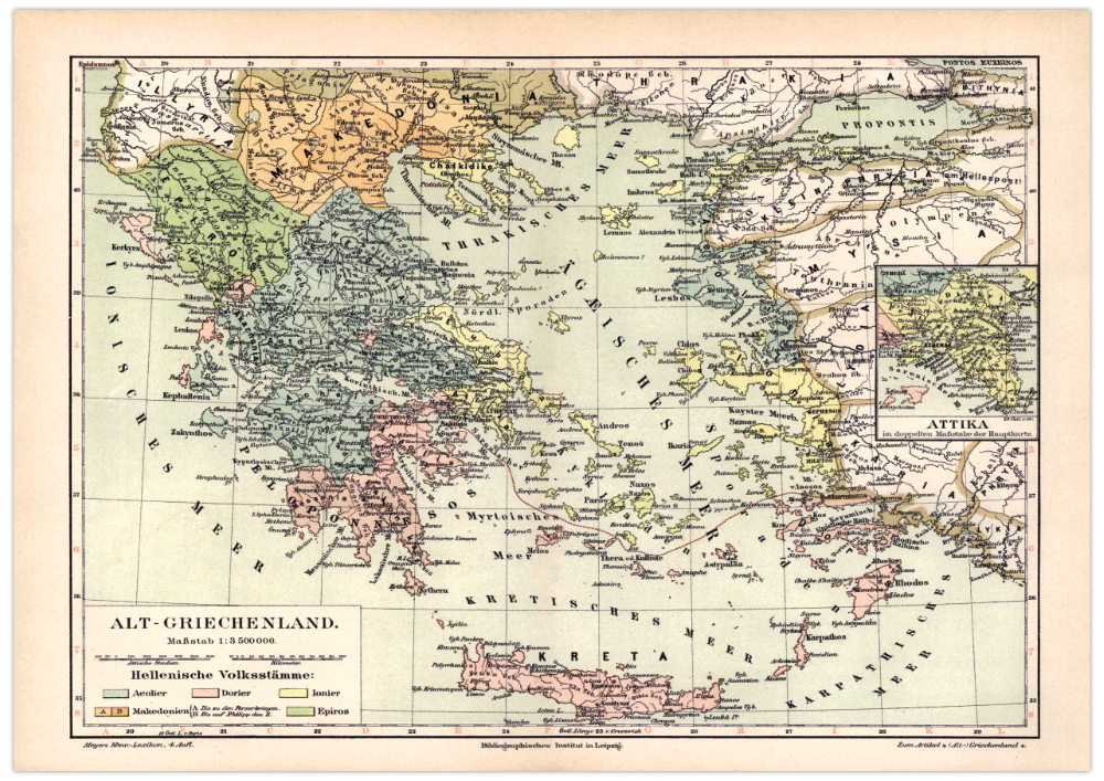Das Poster einer Karte Alt-Griechenlands ist eine Vintage Lithographie aus Meyers Koversations-Lexikon aus dem Jahr 1890. 