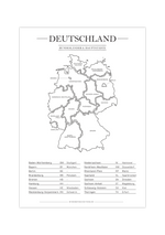 Dieses Poster zeigt dir eine weiße Deutschlandkarte inklusive Tabelle mit allen 16 Bundesländern und deren Hauptstädte. Dieses Lernposter ist die perfekte Deko für das Arbeitszimmer, Büro, Kinderzimmer oder das Klassenzimmer.