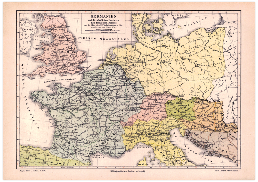 Das Poster welches Germanien in der Mitte des 11. Jahrhunderts zeigt, ist eine Vintage Lithographie aus Meyers Koversations-Lexikon aus dem Jahr 1890.