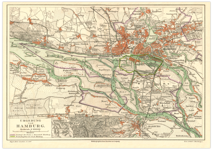 Das Poster einer Karte von Hamburg ist eine Vintage Lithographie aus Meyers Koversations-Lexikon aus dem Jahr 1890.
