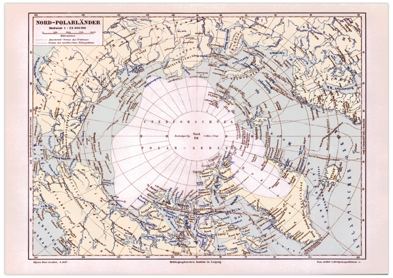 Das Poster einer Karte zu dem unerforschten Nordpolargebiet ist eine Vintage Lithographie aus Meyers Koversations-Lexikon aus dem Jahr 1890.