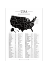 Dieses Poster zeigt dir eine schwarze Karte von Amerika inklusive alle Bundesstaaten, Hauptstädte und Abkürzungen der einzelnen Staaten. Alphabetisch geordnet und im minimalistischem Design ist dies die perfekte Wanddeko für das Büro, Arbeitszimmer oder Klassenzimmer. 