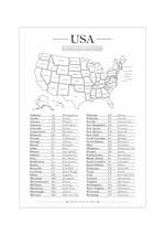 Dieses Poster zeigt dir eine weiße Karte von Amerika inklusive alle Bundesstaaten, Hauptstädte und Abkürzungen der einzelnen Staaten. Alphabetisch geordnet und im minimalistischem Design ist dies die perfekte Wanddeko für das Büro, Arbeitszimmer oder Klassenzimmer. 