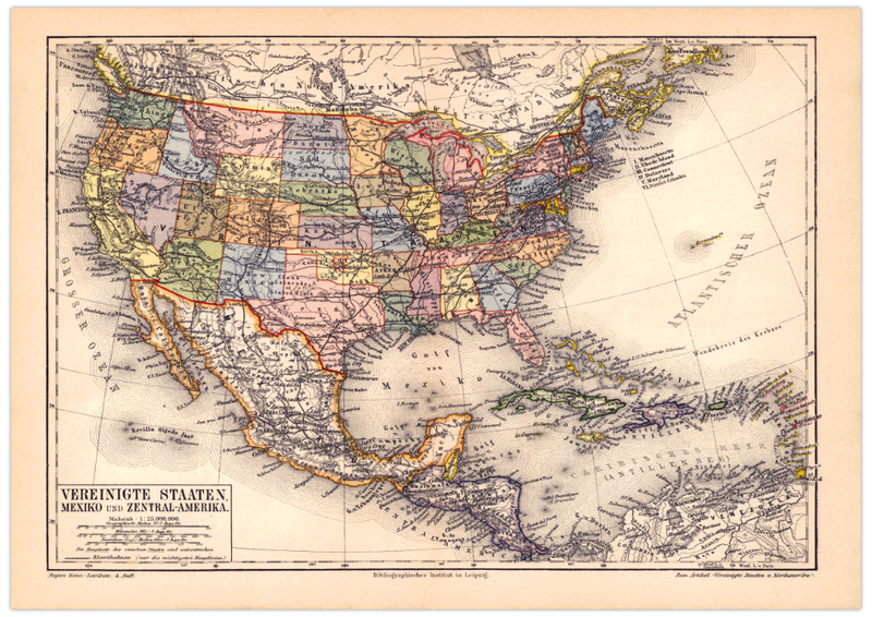 Das Poster einer Karte zur USA, Mexiko und Zentralamerika ist eine Vintage Lithographie aus Meyers Koversations-Lexikon aus dem Jahr 1890.