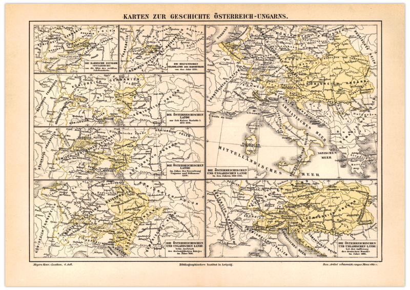 Das Poster einer Karte zur Geschichte Österreich-Ungarns ist eine Vintage Lithographie aus Meyers Koversations-Lexikon aus dem Jahr 1890.