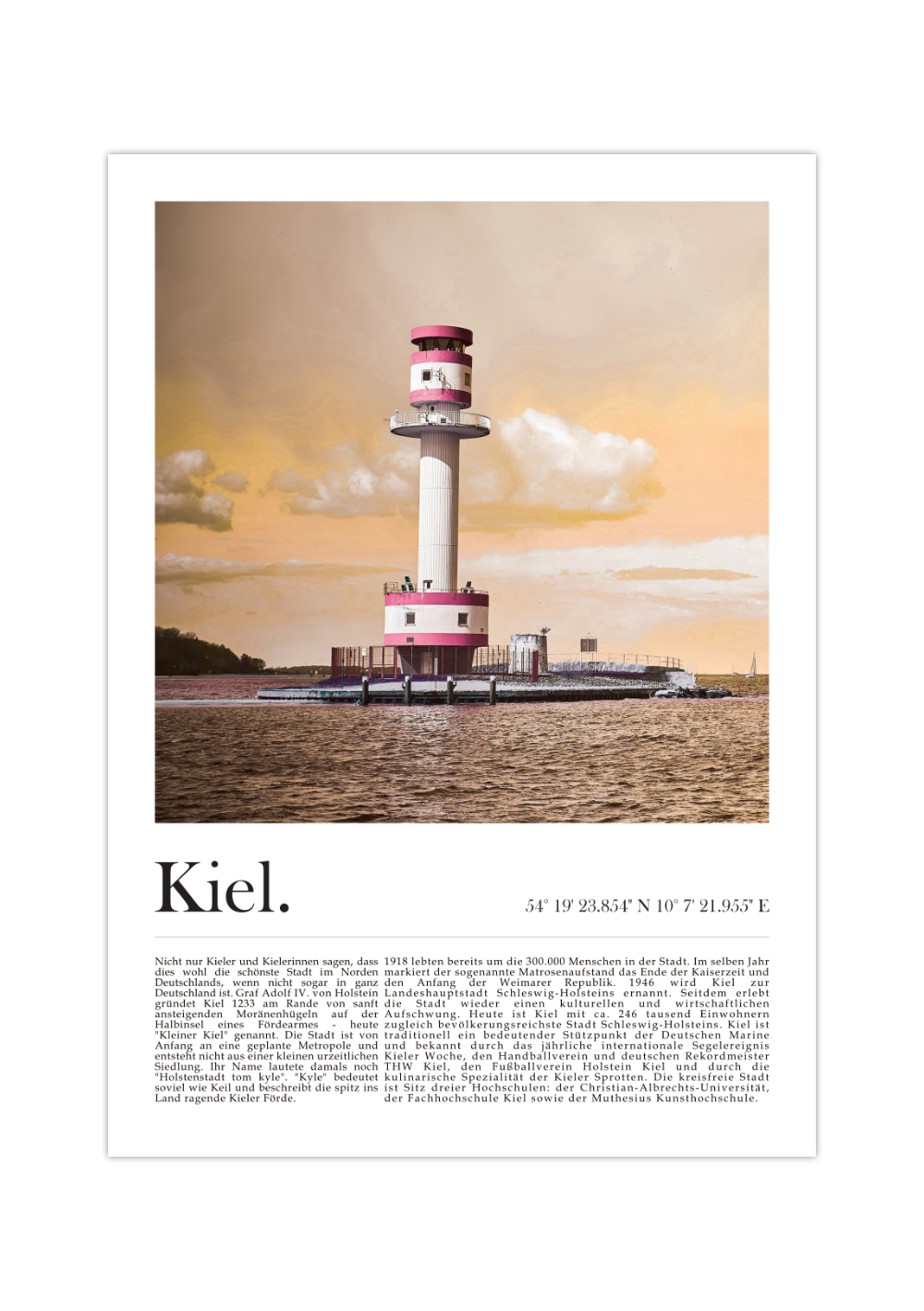 Dieses tolle Poster zeigt dir den Leuchtturm der Landeshauptstadt Kiel der in der Ostsee im Bereich der Kieler Außenförde steht. 