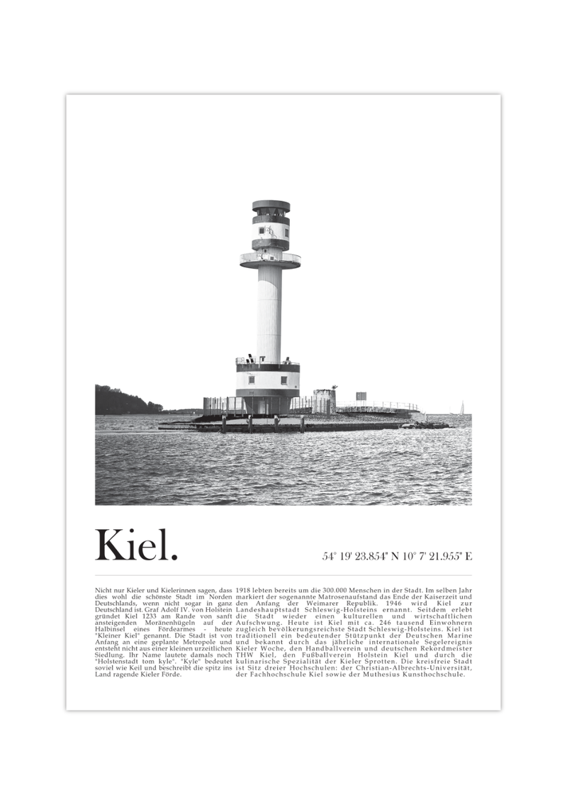 Dieses tolle Poster zeigt dir den Leuchtturm der Landeshauptstadt Kiel der in der Ostsee im Bereich der Kieler Außenförde steht. 