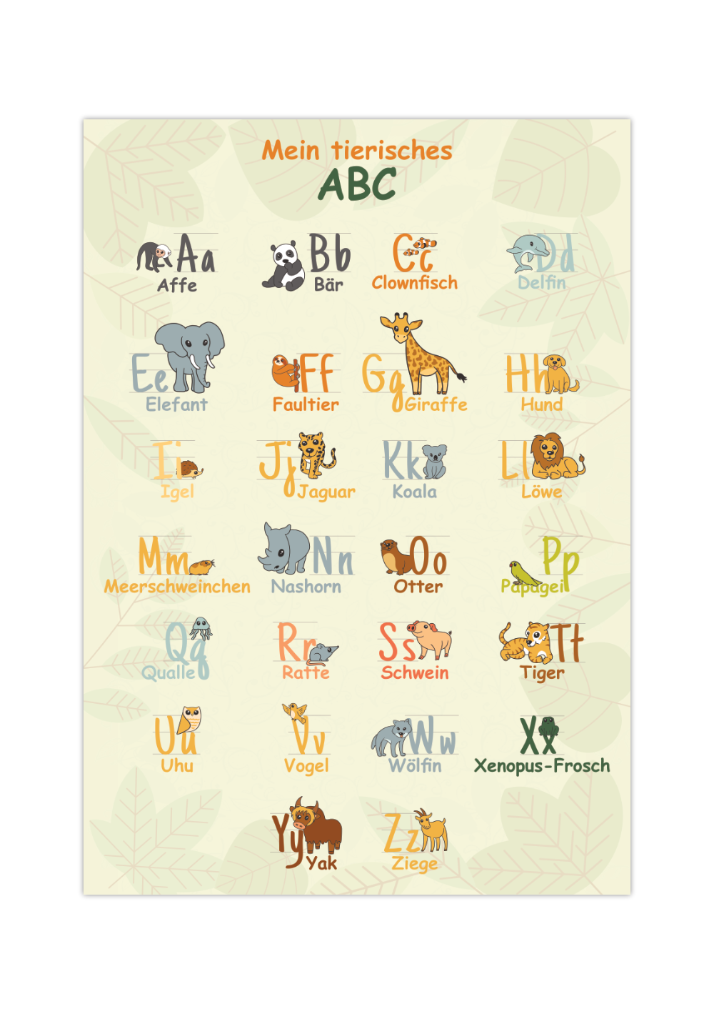 Dieses ABC Poster zeigt dir die Buchstaben von A bis Z und dazu Tiere, die zu dem jeweiligen Buchstaben passen, mit Groß- und Kleinschreibung.