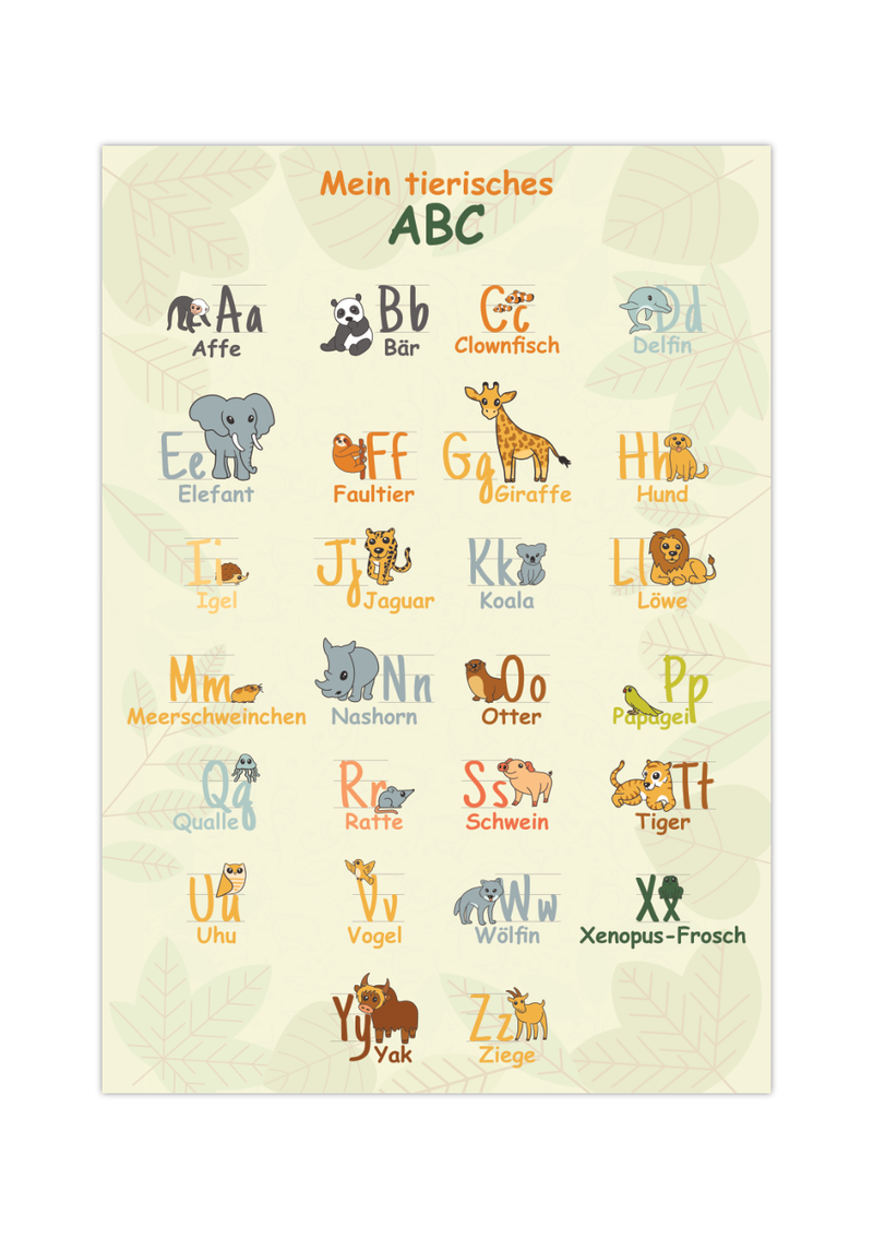 Dieses ABC Poster zeigt dir die Buchstaben von A bis Z und dazu Tiere, die zu dem jeweiligen Buchstaben passen, mit Groß- und Kleinschreibung.