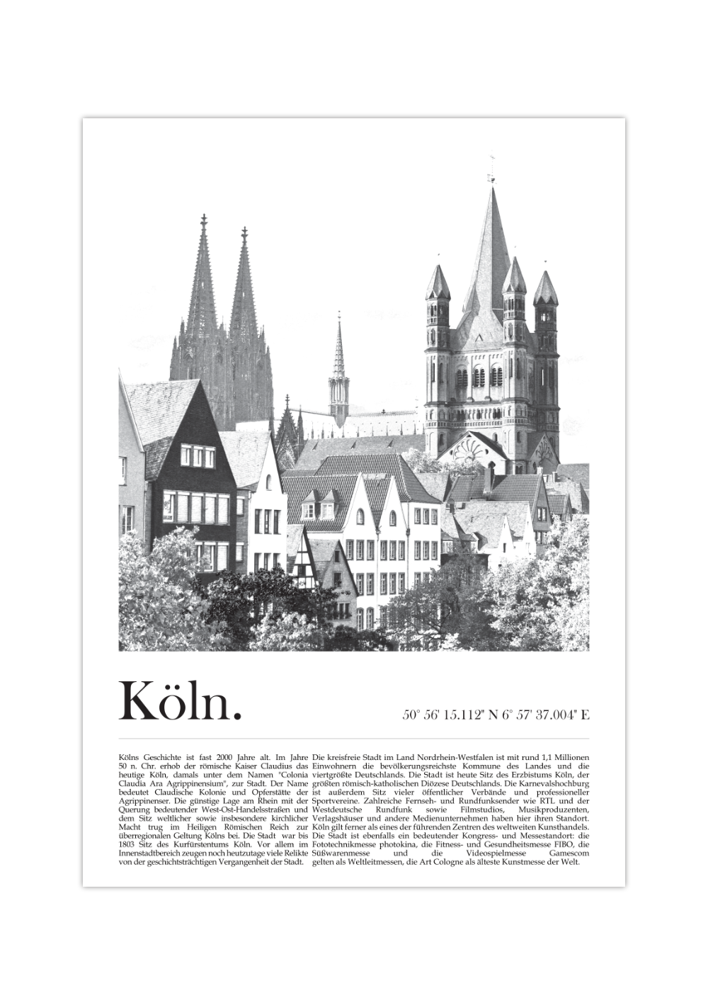 Dieses Poster zeigt dir eine Ansicht von Köln aus der Rhein Perspektive, worauf du unter anderem den Kölner Dom siehst. 