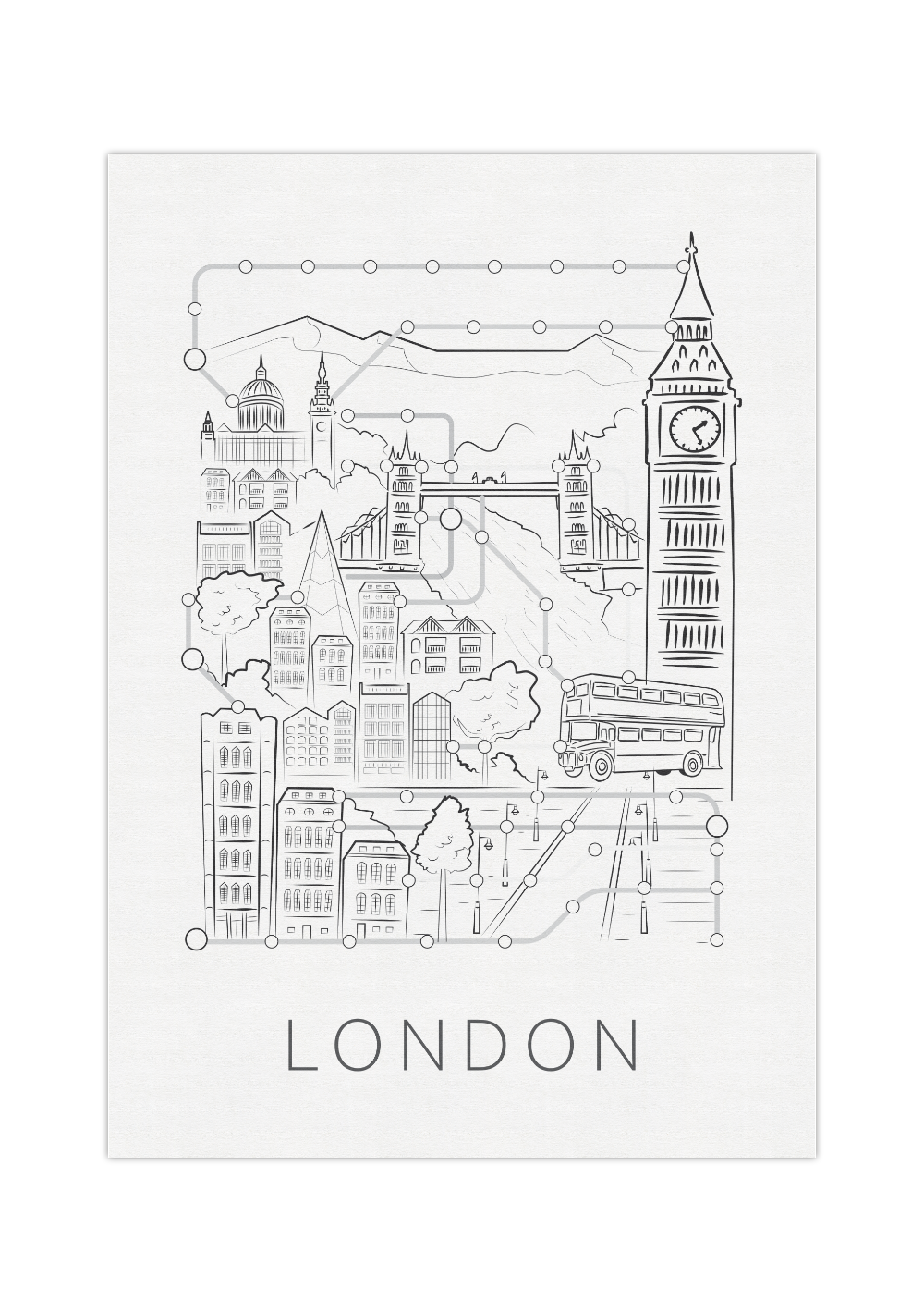 Das schwarz weiß Poster zeigt dir einen Stadtplan/Fahrplan von der Hauptstadt England, London. Auf dem sind die typischen Londoner Sehenswürdigkeiten zeigt.
