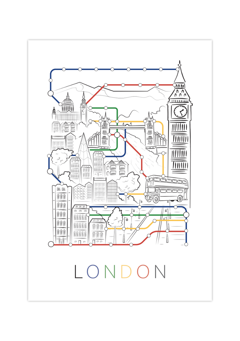Das Poster zeigt dir einen Stadtplan/Fahrplan von der Hauptstadt England, London. Auf dem sind die typischen Londoner Sehenswürdigkeiten zeigt.