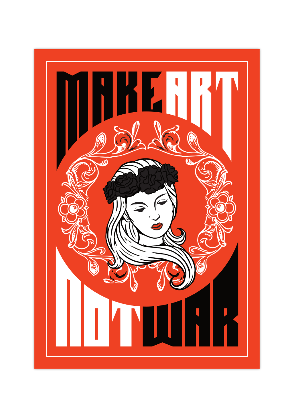 Das feminine Poster in schönem Rot zeigt dir eine Frau, die überschrieben ist mit dem Spruch " Make Love Not War".