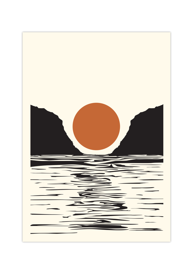 Dieses schöne Poster zeigt einen Sonnenuntergang über dem Meer in schönem Schwarz und Orange.