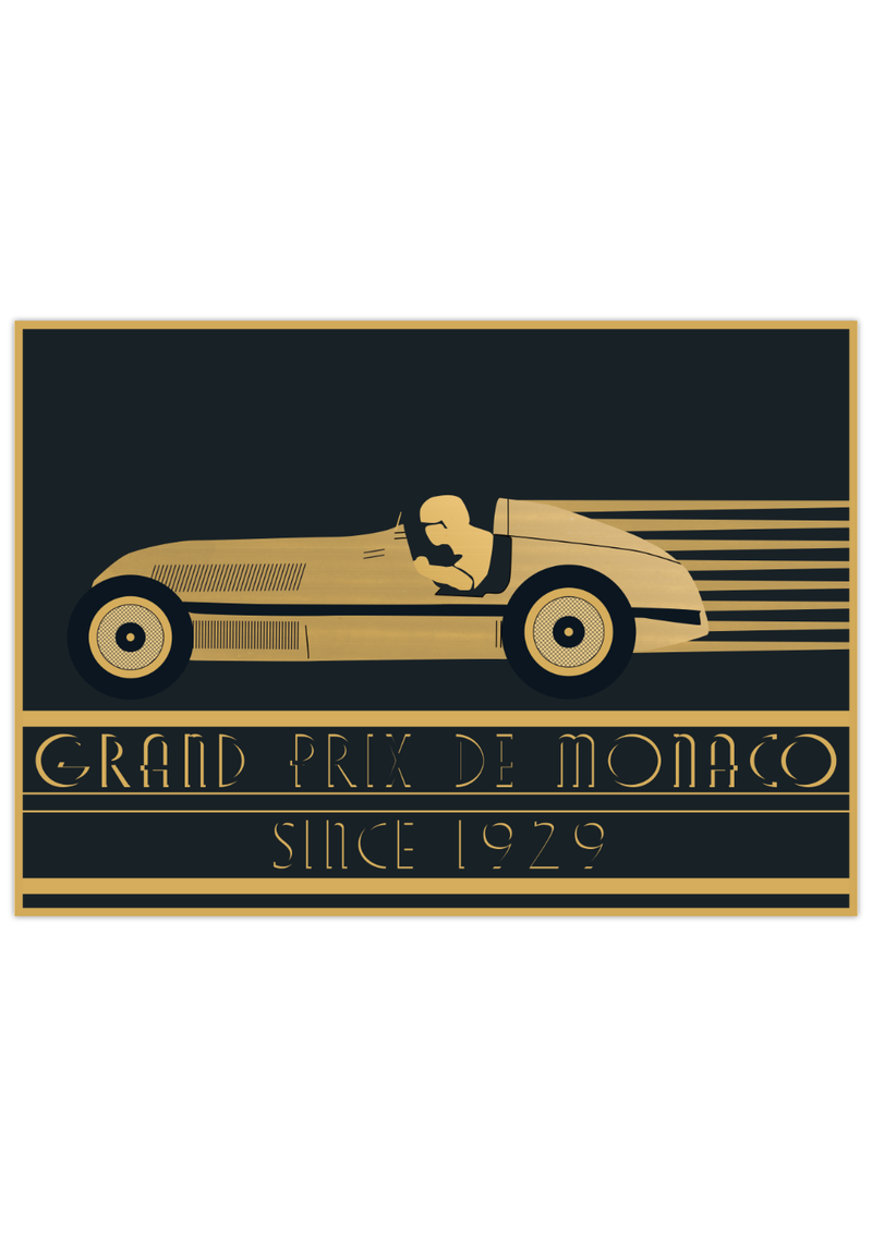 Dieses Poster zeigt einen alten Rennwagen von 1929, der einem Oldtimer nachempfunden ist, der zu dieser am Grand Prix von Monaco teilgenommen hat.