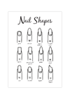 Das Poster zeigt in minimalistischer Darstellung verschiedene Sorten von Nägeln in schwarz und in weiß. Insgesamt siehst du 12 Nagelarten (Nail Shapes) mit den jeweiligen Bezeichnungen unter ihnen.