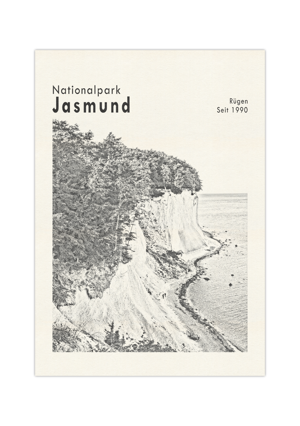 Das schwarz weiß Poster zeigt eine Ansicht des Kreidefelsens im Nationalpark Jasmund auf Rügen, Mecklenburg-Vorpommern.