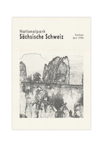 Das schwarz weiß Poster zeigt eine Ansicht der Bastei im Nationalpark Sächsische Schweiz, Sachsen. 