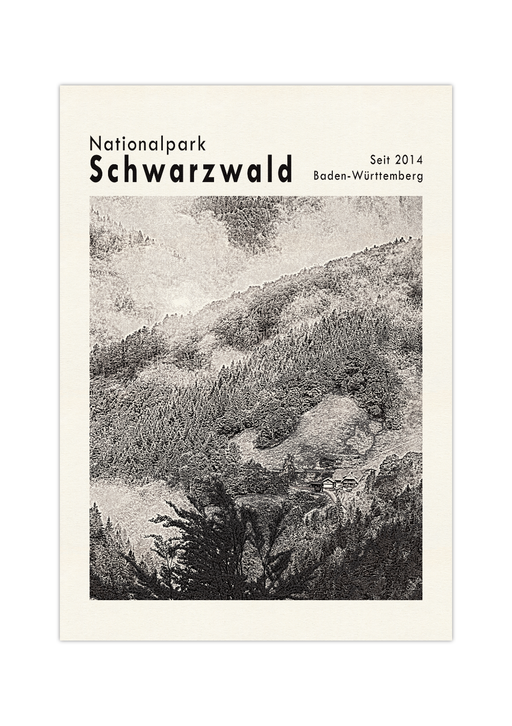 Das beige/schwarze Poster zeigt eine Ansicht des Waldes im Nationalpark Schwarzwald, im Bundesland Baden-Württemberg.